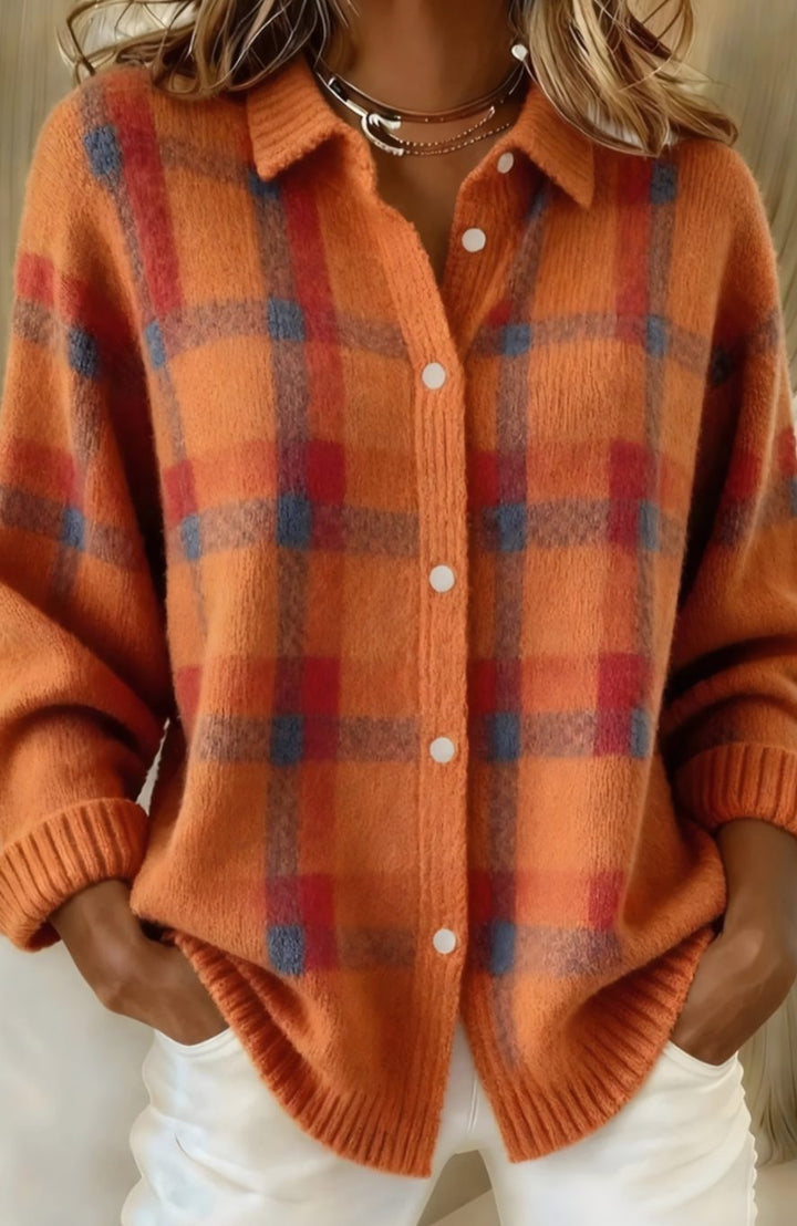Women's Oversized Plaid Button-Down Knit Cardigan Sweater - Orange