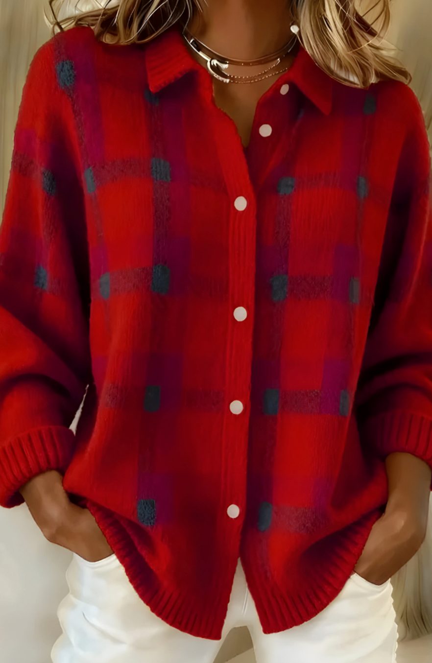 Women's Oversized Plaid Button-Down Knit Cardigan Sweater - Red