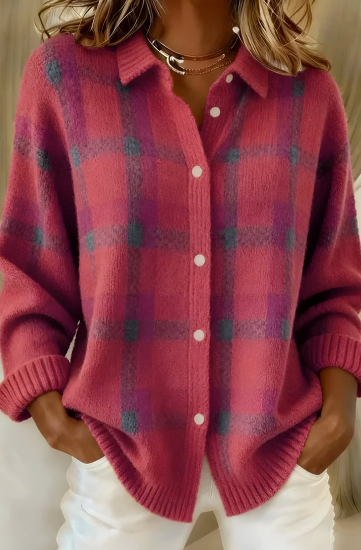 Women's Oversized Plaid Button-Down Knit Cardigan Sweater - Pink