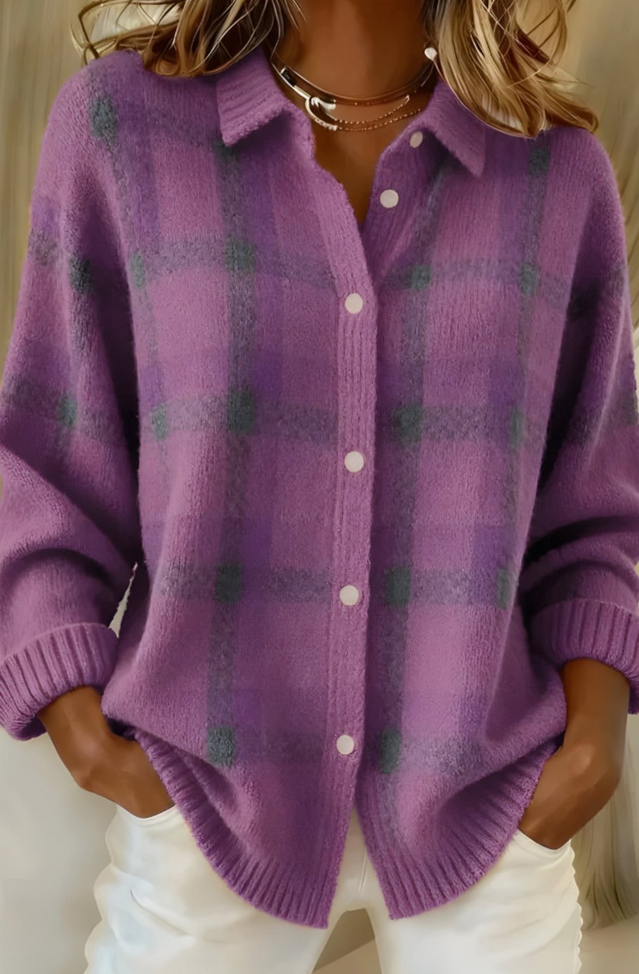 Women's Oversized Plaid Button-Down Knit Cardigan Sweater - Purple