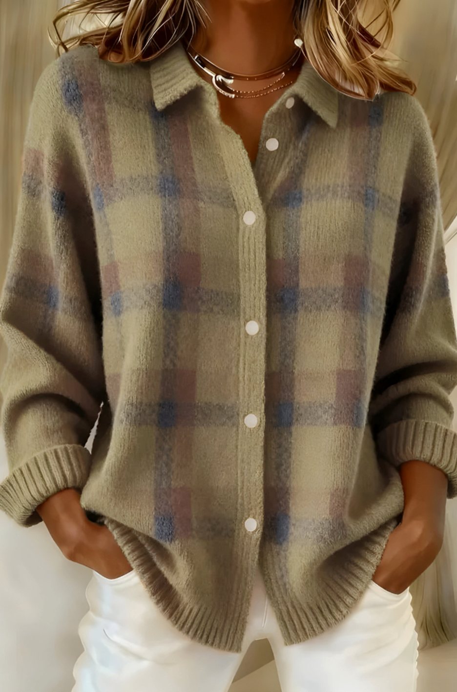 Women's Oversized Plaid Button-Down Knit Cardigan Sweater - Brown