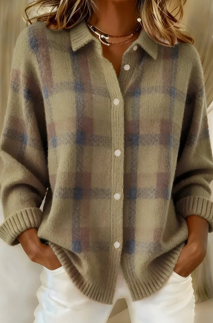 Women's Oversized Plaid Button-Down Knit Cardigan Sweater - Brown