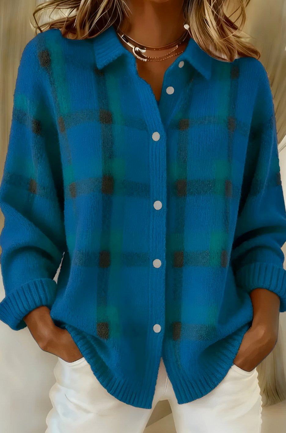 Women's Oversized Plaid Button-Down Knit Cardigan Sweater - Blue