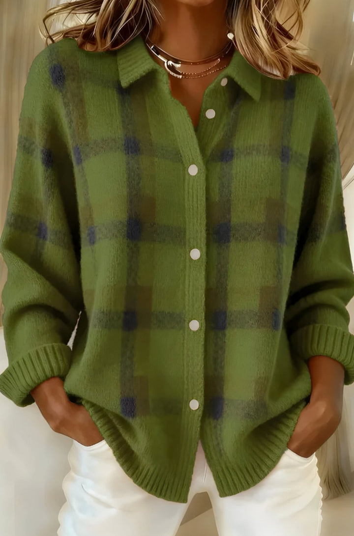 Women's Oversized Plaid Button-Down Knit Cardigan Sweater - Green
