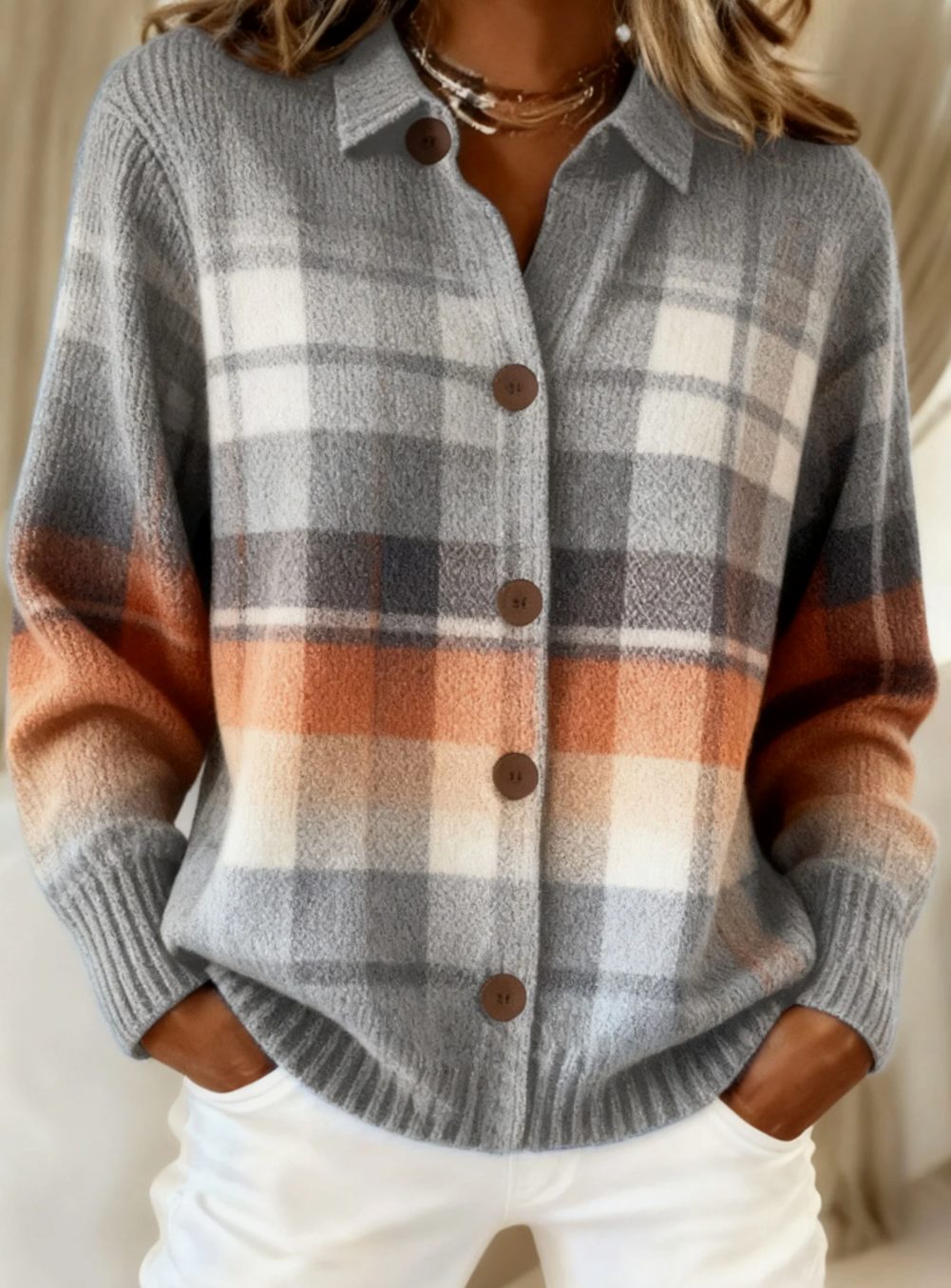 Women's Oversized Plaid Button-Front Cardigan Sweater