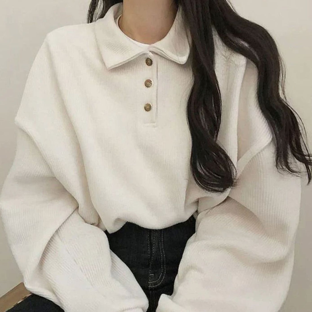 Women's Oversized Polo-Collar Button-Placket Long Sleeve Top - Beige