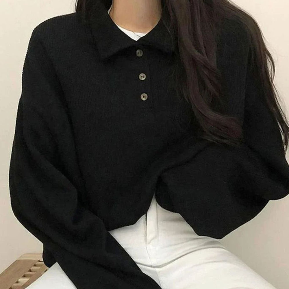 Women's Oversized Polo-Collar Button-Placket Long Sleeve Top - Black