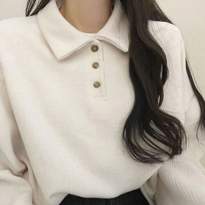 Women's Oversized Polo-Collar Button-Placket Long Sleeve Top