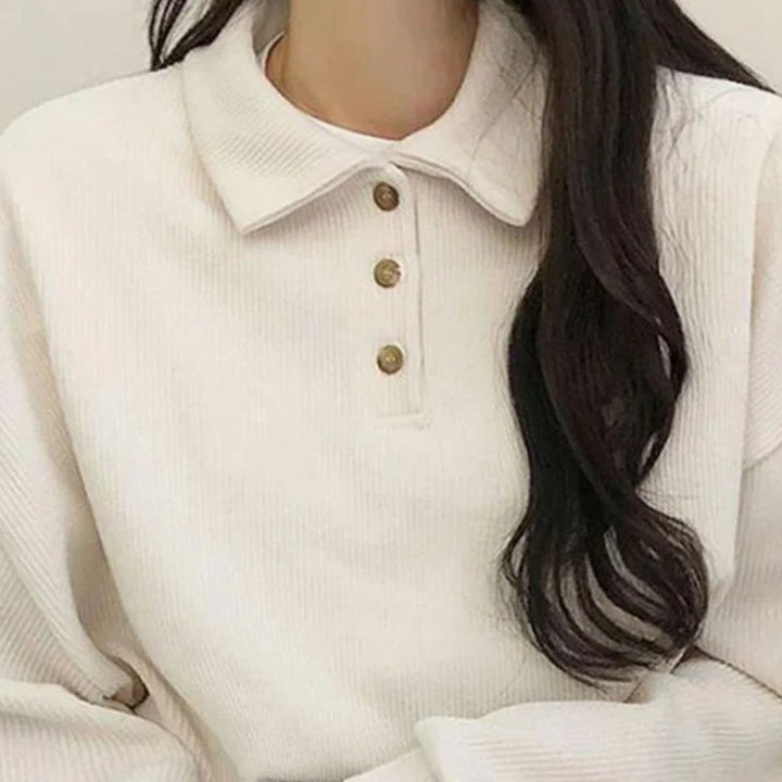 Women's Oversized Polo-Collar Button-Placket Long Sleeve Top