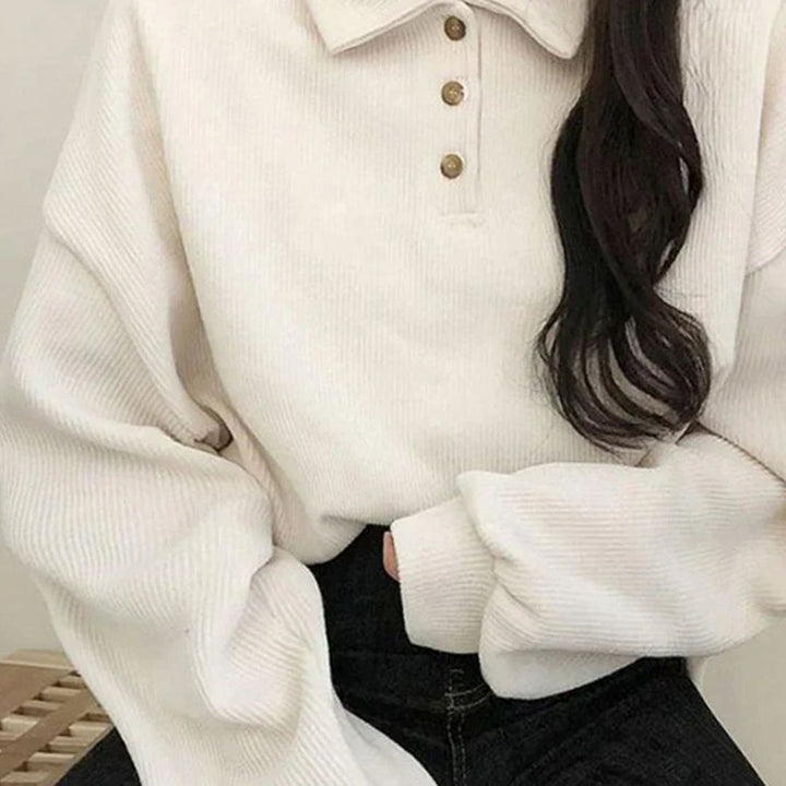 Women's Oversized Polo-Collar Button-Placket Long Sleeve Top