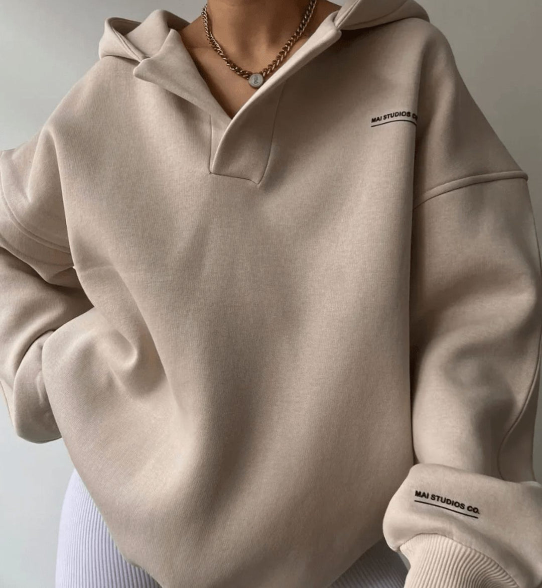 Women's Oversized Pullover Hoodie Notched Neckline Drop Shoulder Sweatshirt - Beige