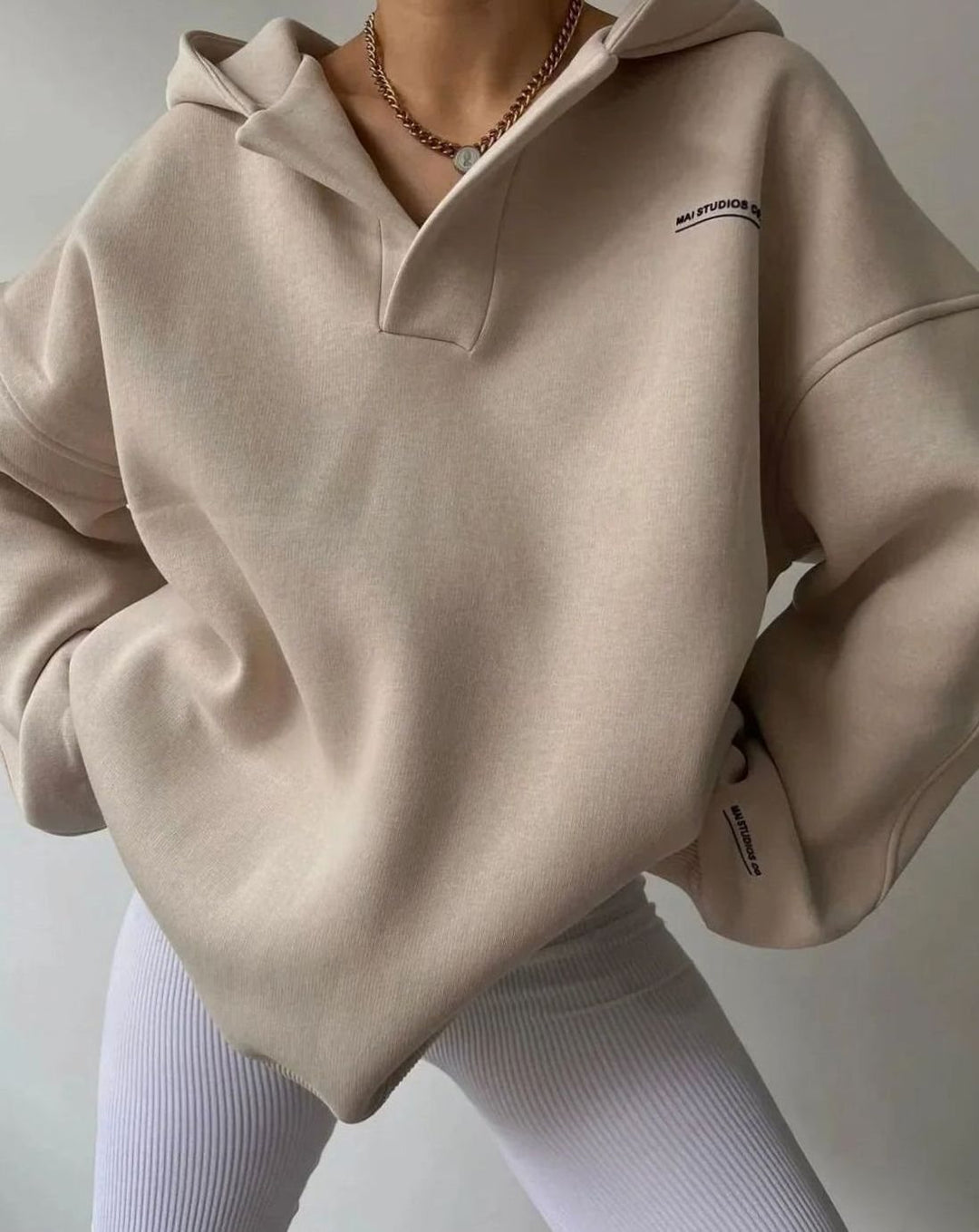 Women's Oversized Pullover Hoodie Notched Neckline Drop Shoulder Sweatshirt