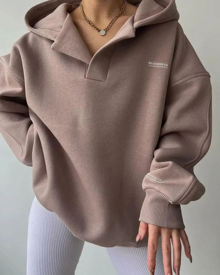 Women's Oversized Pullover Hoodie Notched Neckline Drop Shoulder Sweatshirt