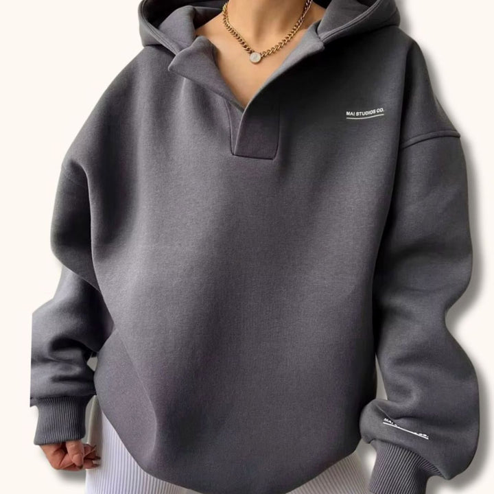 Women's Oversized Pullover Hoodie Notched Neckline Drop Shoulder Sweatshirt - Gray