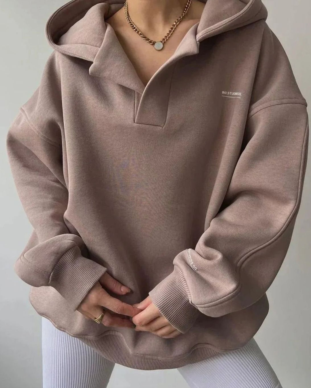 Women's Oversized Pullover Hoodie Notched Neckline Drop Shoulder Sweatshirt - Pinkish Gray