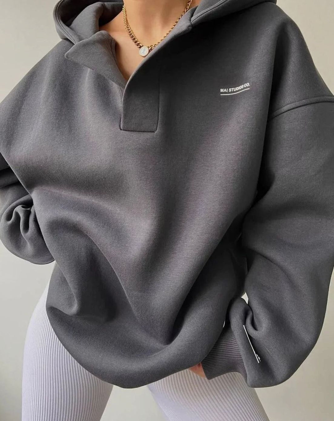 Women's Oversized Pullover Hoodie Notched Neckline Drop Shoulder Sweatshirt