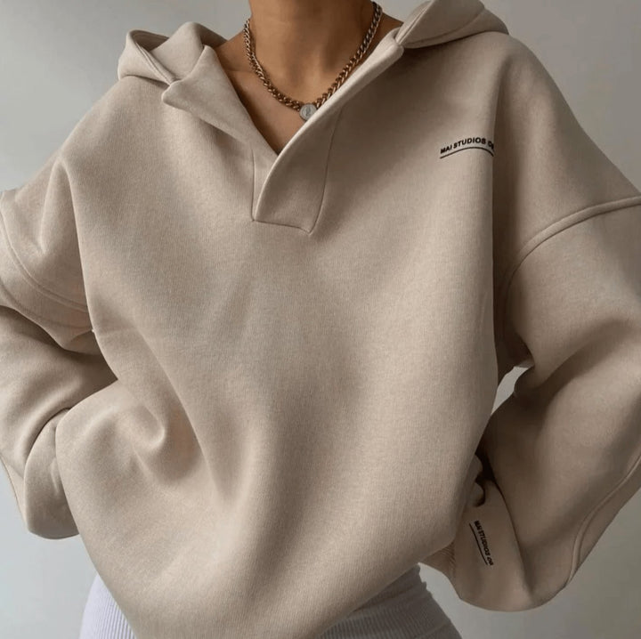 Women's Oversized Pullover Hoodie Notched Neckline Drop Shoulder Sweatshirt