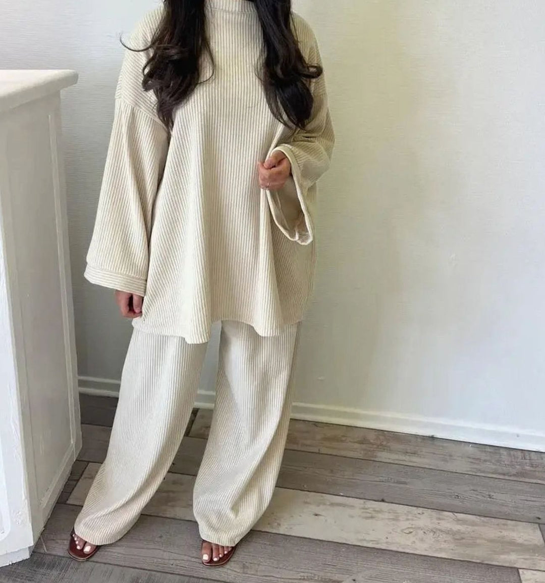 Women's Oversized Ribbed Corduroy Wide-Leg Two-Piece Set - White