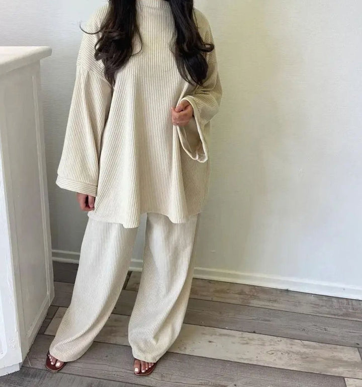 Women's Oversized Ribbed Corduroy Wide-Leg Two-Piece Set - White