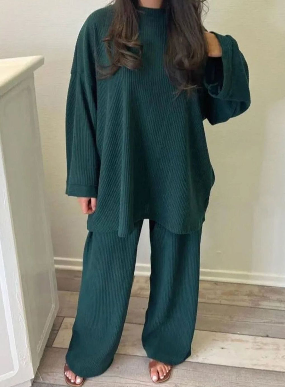 Women's Oversized Ribbed Corduroy Wide-Leg Two-Piece Set - Green