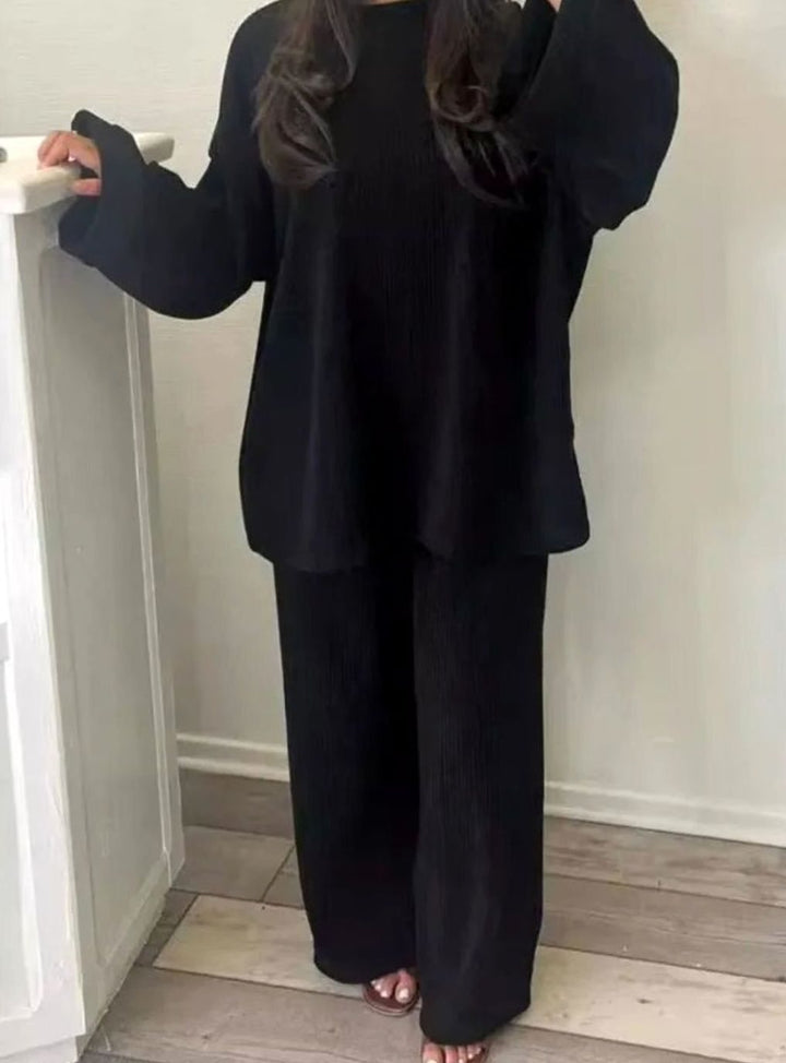 Women's Oversized Ribbed Corduroy Wide-Leg Two-Piece Set - Black