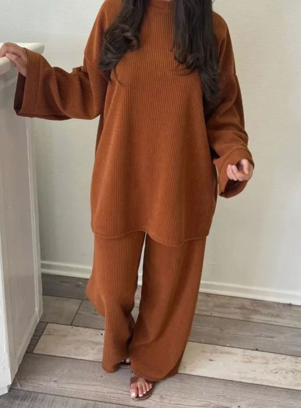 Women's Oversized Ribbed Corduroy Wide-Leg Two-Piece Set - Orange
