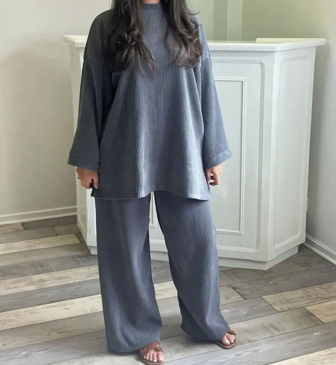 Women's Oversized Ribbed Corduroy Wide-Leg Two-Piece Set - Blue