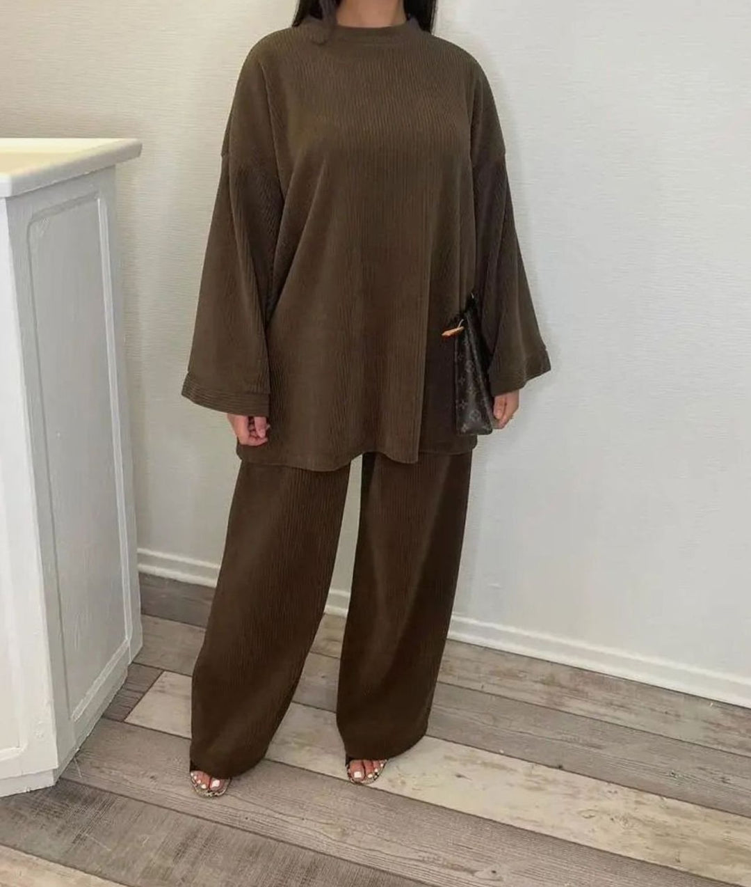 Women's Oversized Ribbed Corduroy Wide-Leg Two-Piece Set - Brown