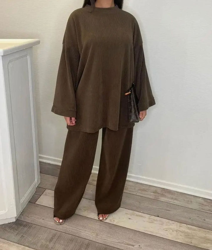 Women's Oversized Ribbed Corduroy Wide-Leg Two-Piece Set - Brown