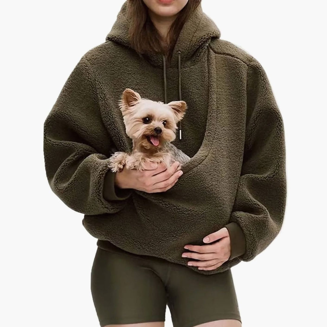 Women's Oversized Sherpa Fleece Pet Pouch Pullover Hoodie - Brown