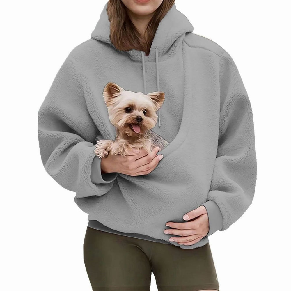 Women's Oversized Sherpa Fleece Pet Pouch Pullover Hoodie - Light Gray
