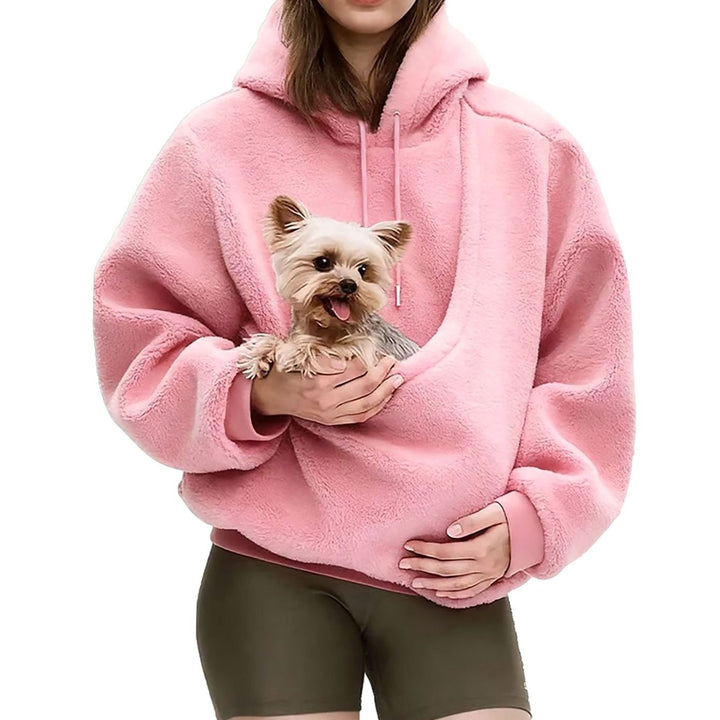 Women's Oversized Sherpa Fleece Pet Pouch Pullover Hoodie - Pink