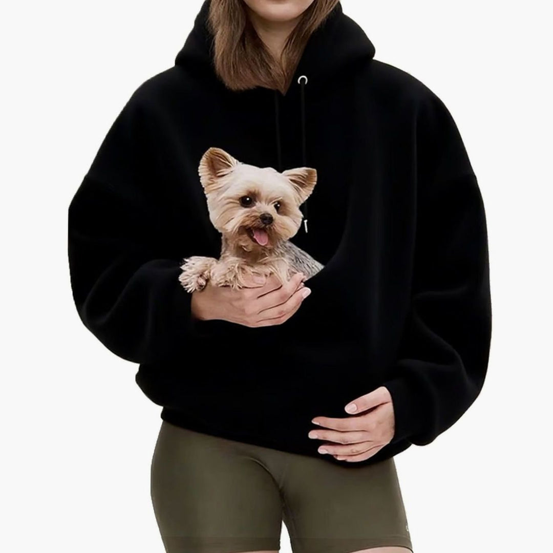 Women's Oversized Sherpa Fleece Pet Pouch Pullover Hoodie - Black
