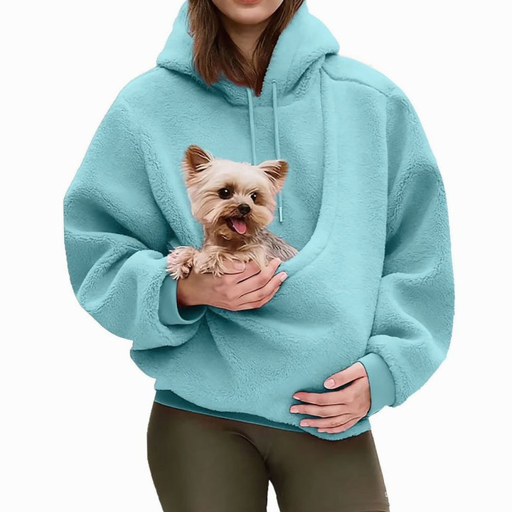 Women's Oversized Sherpa Fleece Pet Pouch Pullover Hoodie - Sky Blue