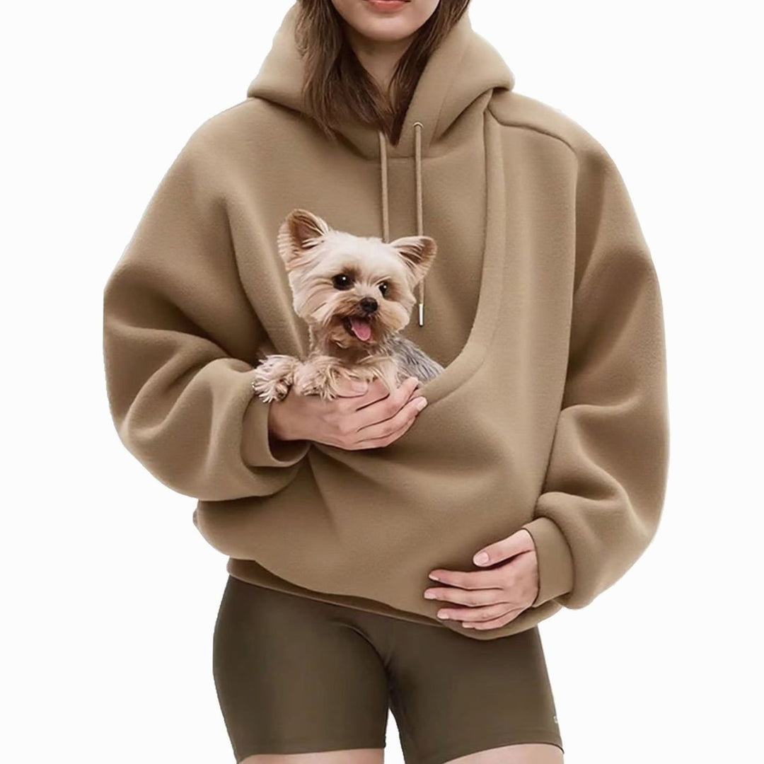 Women's Oversized Sherpa Fleece Pet Pouch Pullover Hoodie - Khaki