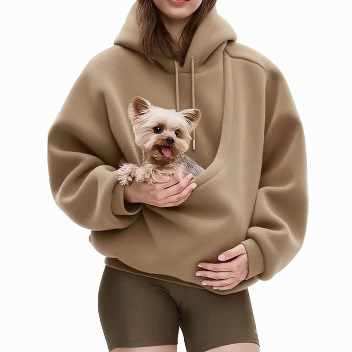 Women's Oversized Sherpa Fleece Pet Pouch Pullover Hoodie - Khaki