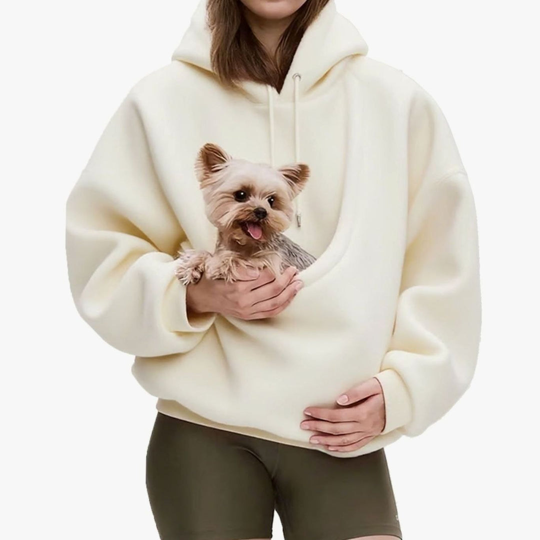 Women's Oversized Sherpa Fleece Pet Pouch Pullover Hoodie - Milk White