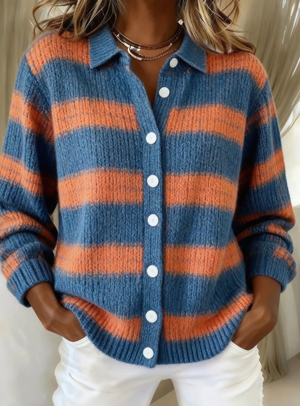 Women's Oversized Striped Button-Front Knit Cardigan