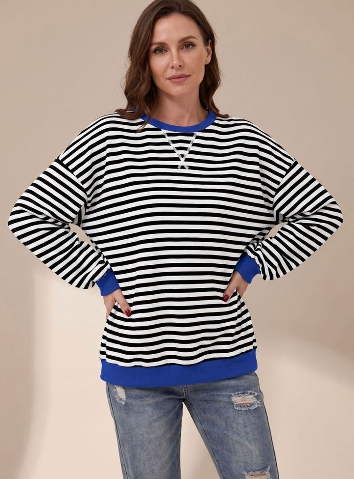 Women's Oversized Striped Crewneck Sweatshirt Contrast Trim - Black