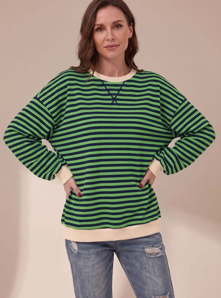 Women's Oversized Striped Crewneck Sweatshirt Contrast Trim - Green