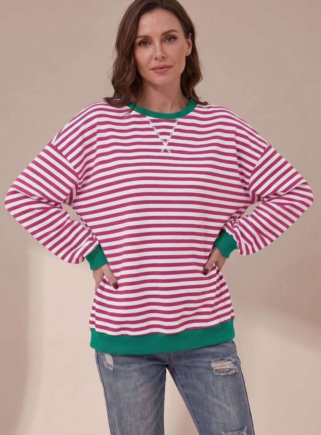 Women's Oversized Striped Crewneck Sweatshirt Contrast Trim - Rose Red