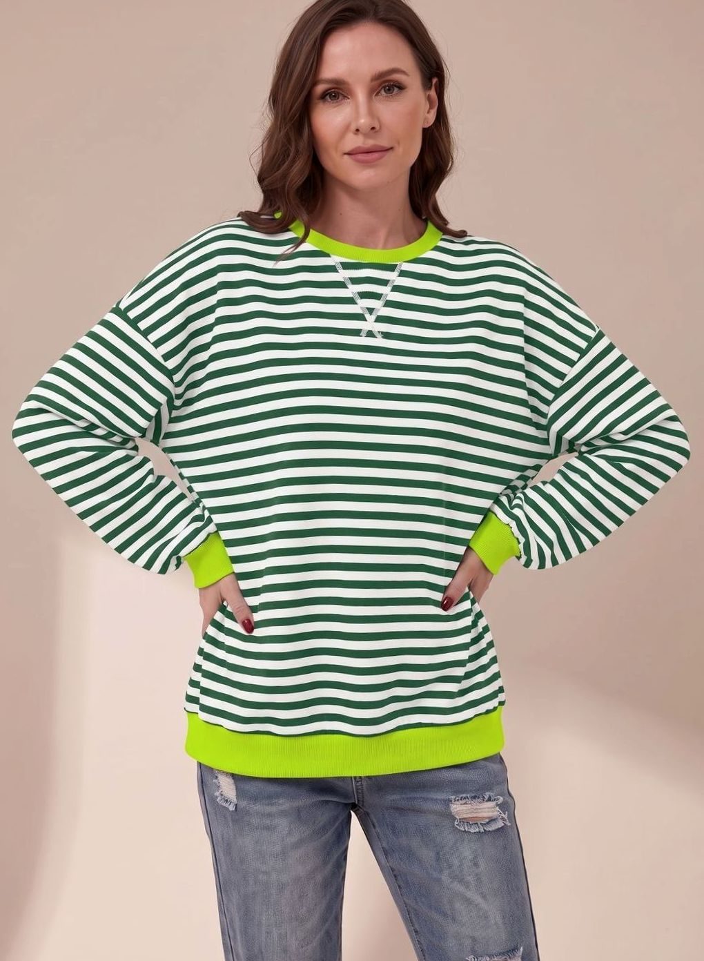 Women's Oversized Striped Crewneck Sweatshirt Contrast Trim - Dark Green