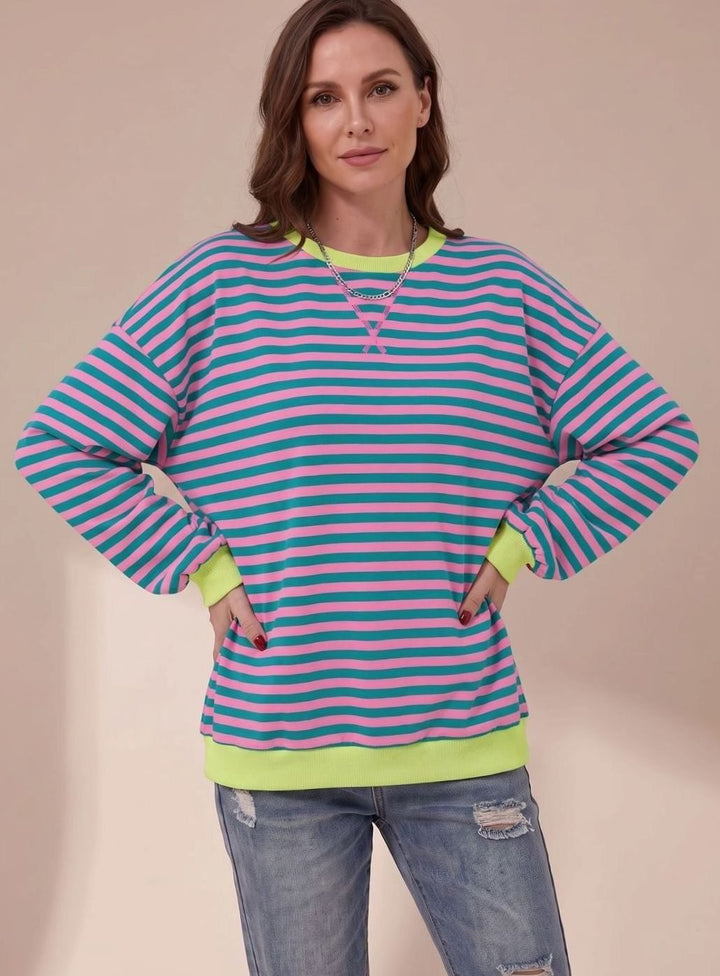 Women's Oversized Striped Crewneck Sweatshirt Contrast Trim - Pink