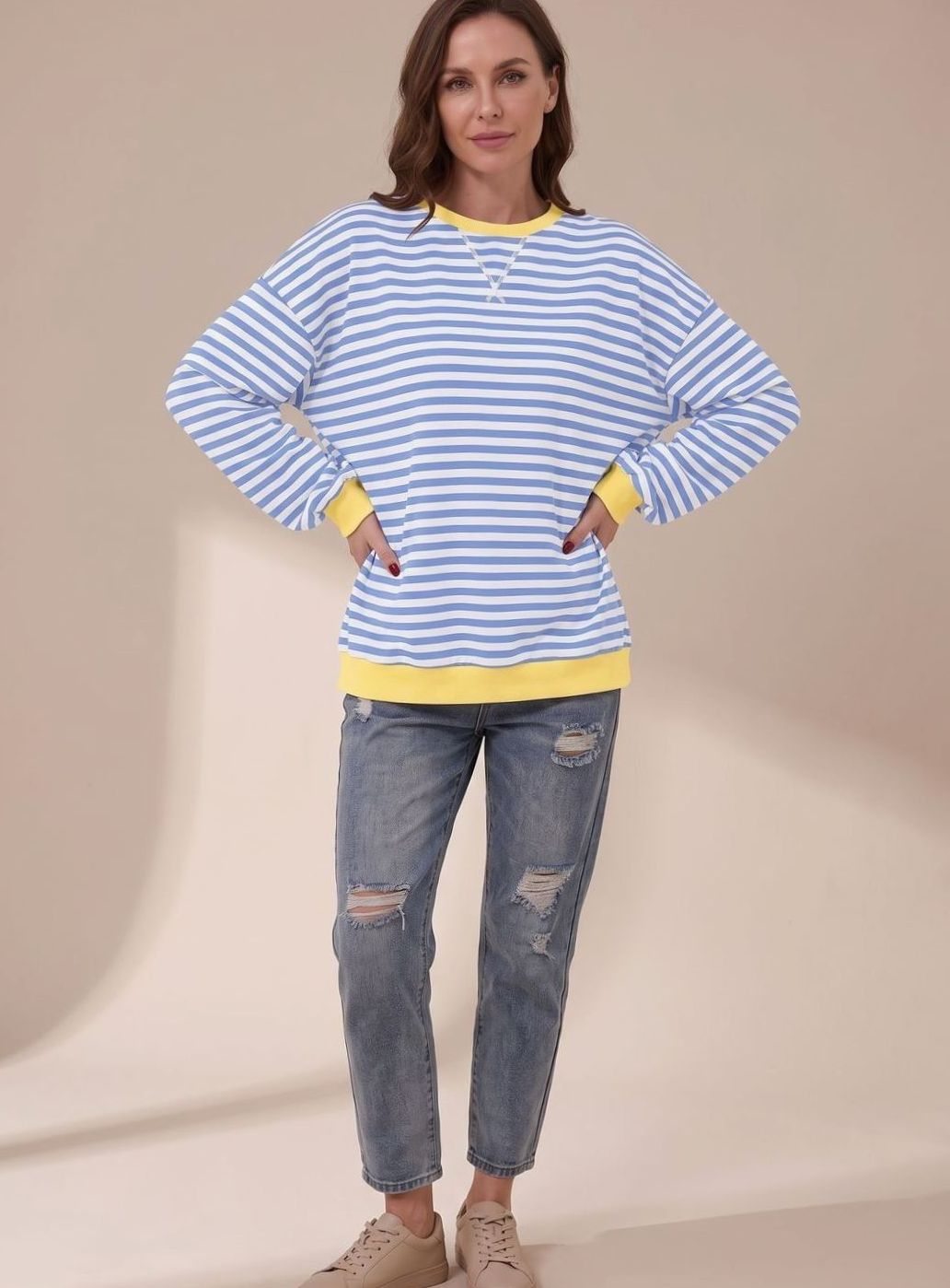 Women's Oversized Striped Crewneck Sweatshirt Contrast Trim - Sky Blue
