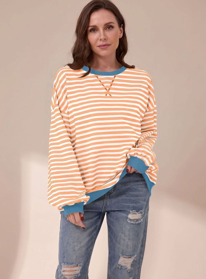 Women's Oversized Striped Crewneck Sweatshirt Contrast Trim - Orange