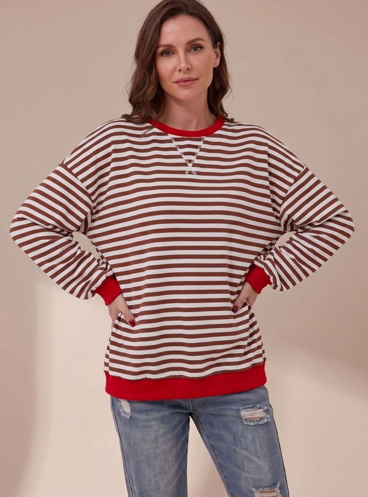 Women's Oversized Striped Crewneck Sweatshirt Contrast Trim - Red
