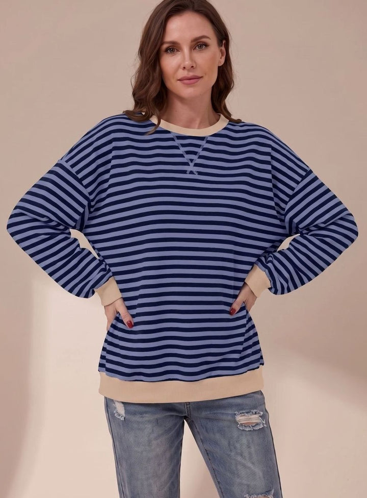 Women's Oversized Striped Crewneck Sweatshirt Contrast Trim - Blue