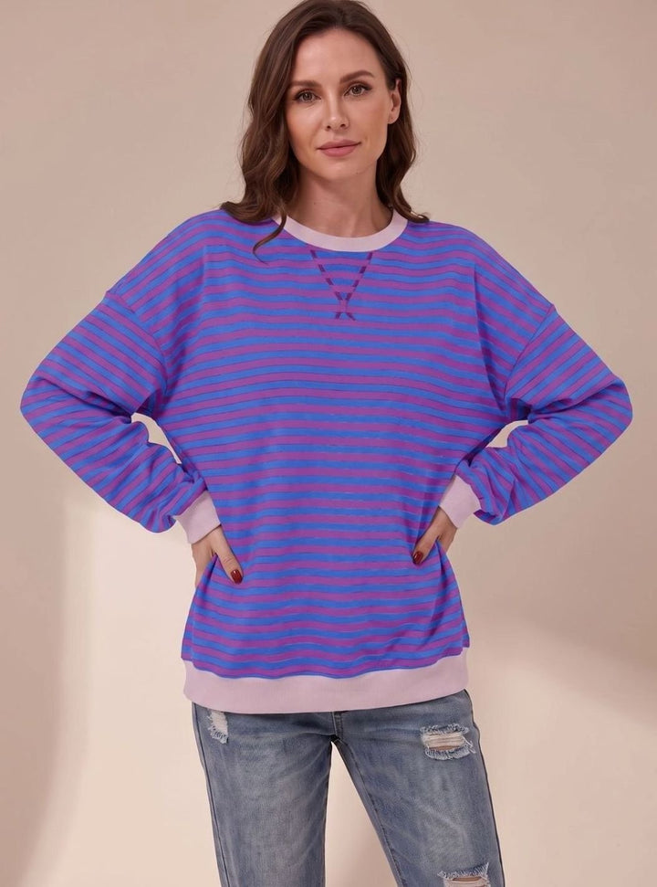Women's Oversized Striped Crewneck Sweatshirt Contrast Trim - Purple