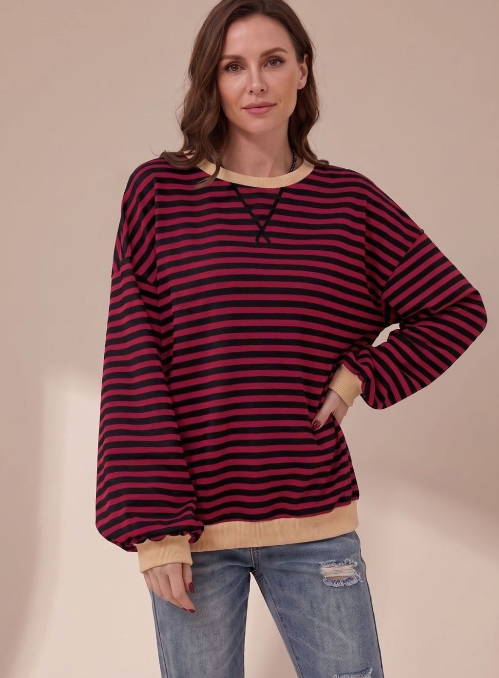 Women's Oversized Striped Crewneck Sweatshirt Contrast Trim - Burgundy