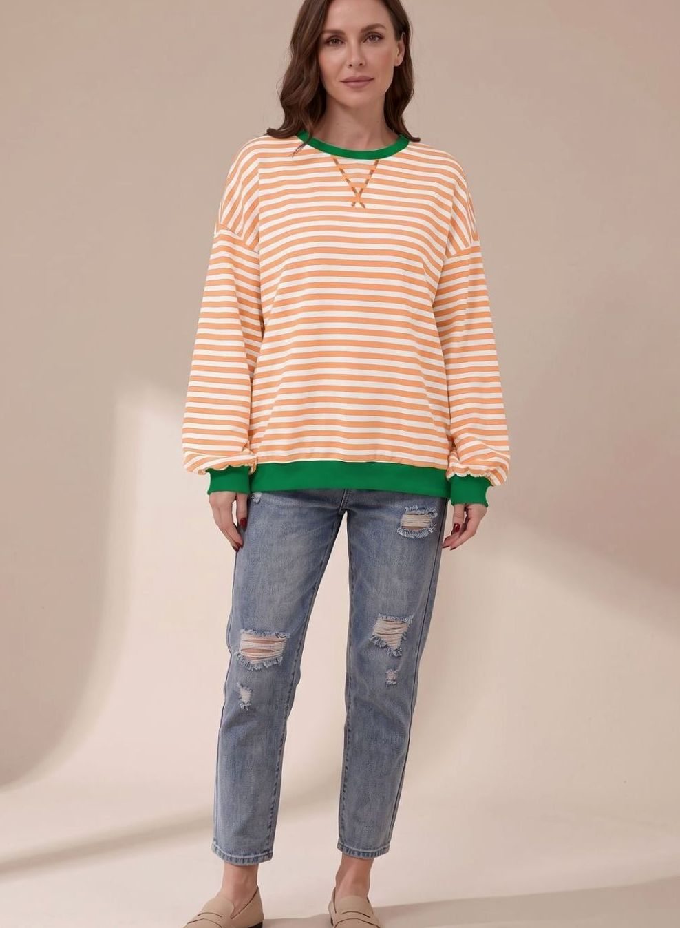 Women's Oversized Striped Crewneck Sweatshirt Contrast Trim - Light Orange